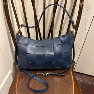Anna Paola Navy Basket Weave Leather Shoulder Bag Handbag Made Italy
